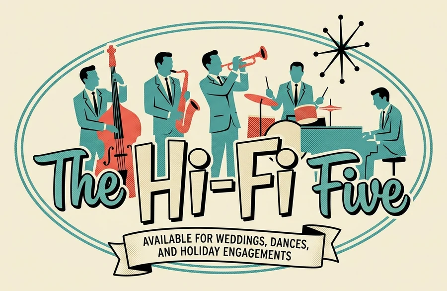 The Hi-Fi Five: a bass player, a saxophonist, a trumpeter, a drummer and a pianist in matching suits, over a banner reading Available for weddings, dances, and holiday engagements